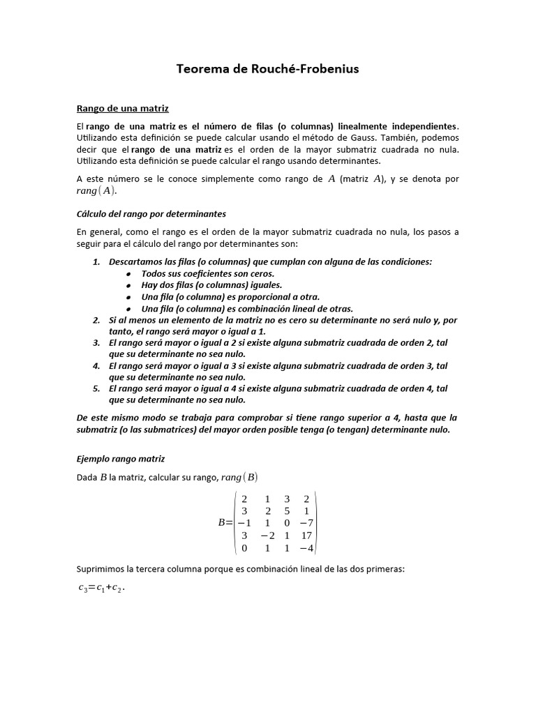 Teorema de Rouché - Frobenius | PDF | Determinante | Matriz (Matemáticas)