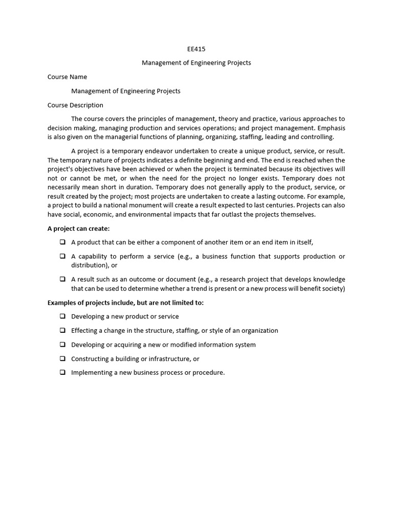 EE415 Management of Engineering Projects | PDF | Project Management ...