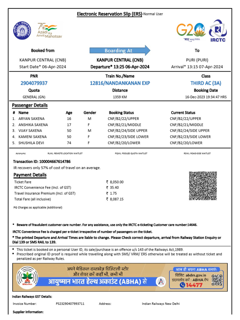 12816/nandankanan Exp Third Ac (3A) | PDF | Identity Document