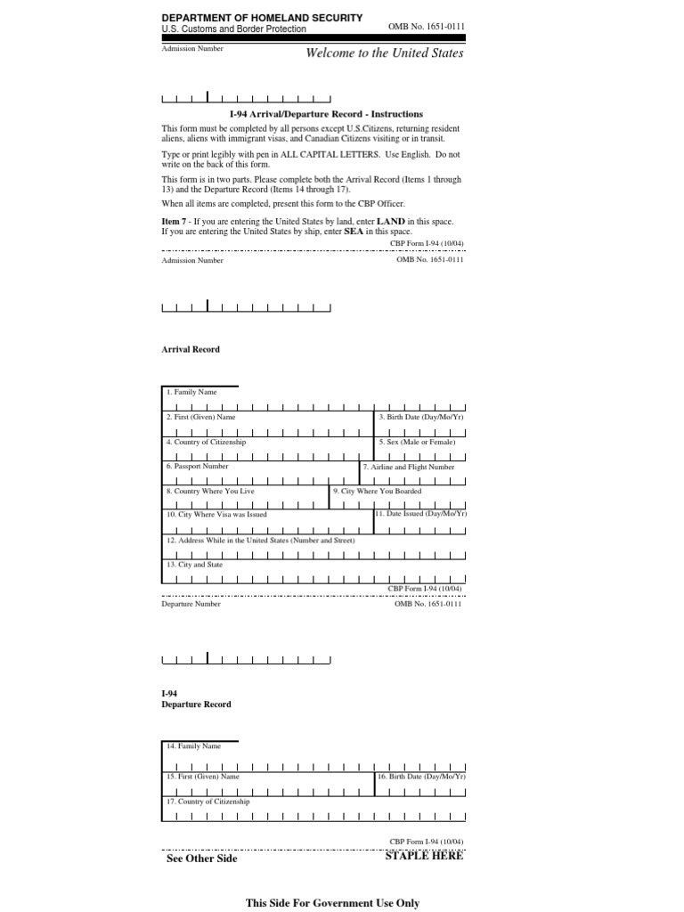 I-94 Form Instructions and Sample | PDF | U.S. Customs And Border ...