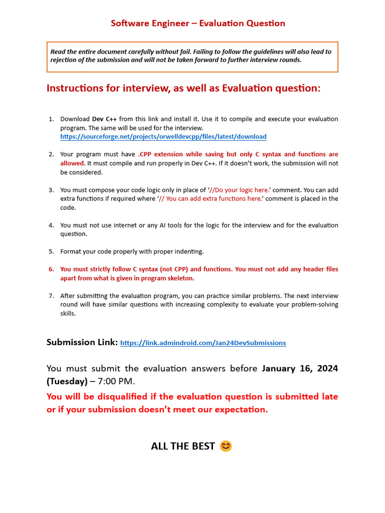 Dev C++ Evaluation Instructions | PDF | Computer Program | Programming