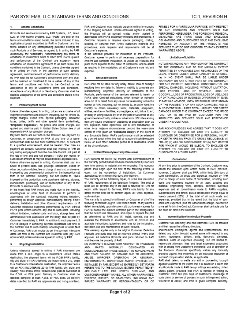 Terms for PAR Systems Customers | PDF | Indemnity | Legal Liability