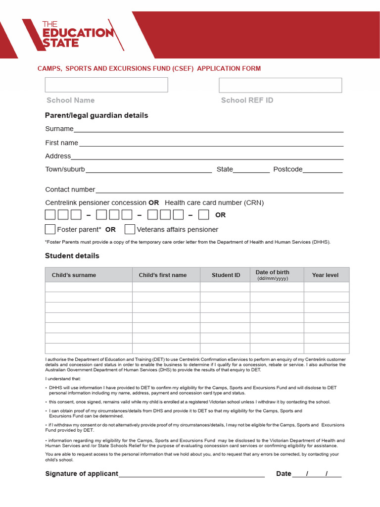 CSEF Application Form PDF Legal Guardian Government