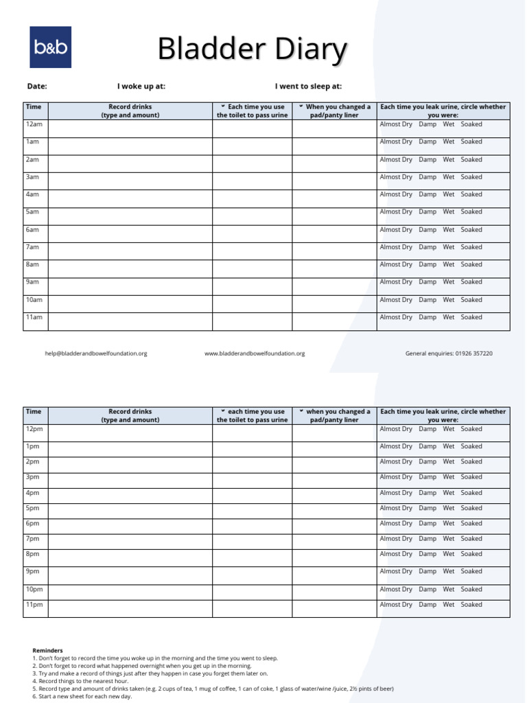 Bladder Diary Tracking Template | PDF | Nutrition | Diet & Nutrition