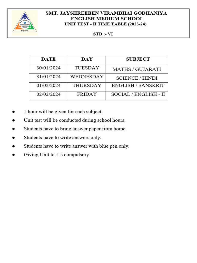 Std 6 Unit Test II Timetable 2024 | PDF