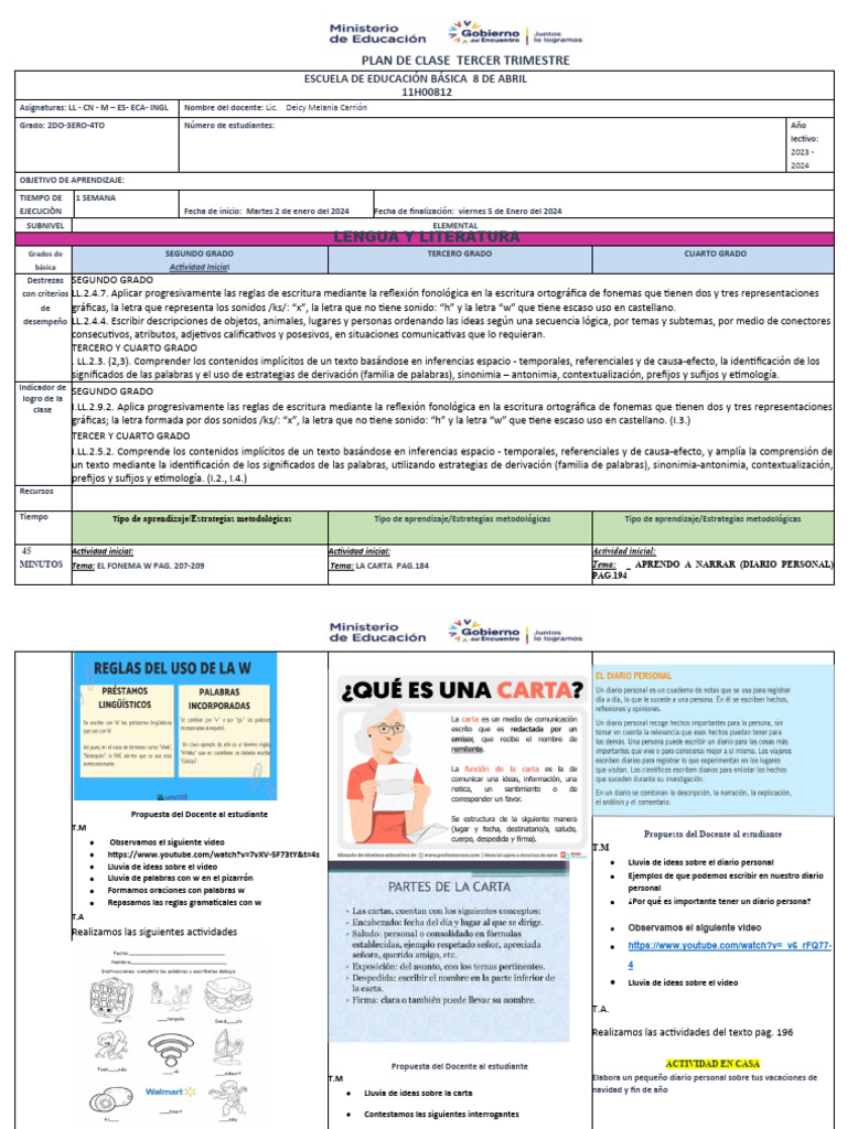 PLAN DE CLASE 2 Al 5 de Enero Del 2024 | PDF | Aprendizaje | Evaluación