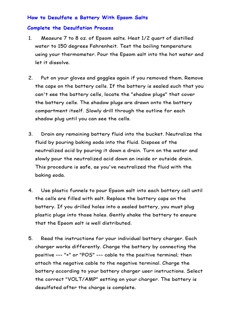 Desulfating Batteries with Epsom Salt | PDF | Battery Charger | Materials