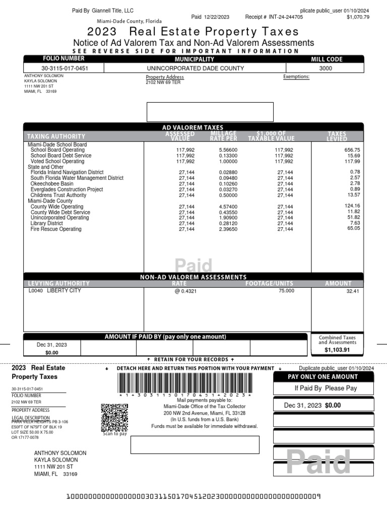 Miami Dade Real Estate 30 3115 017 0451 2023 Annual Bill | PDF