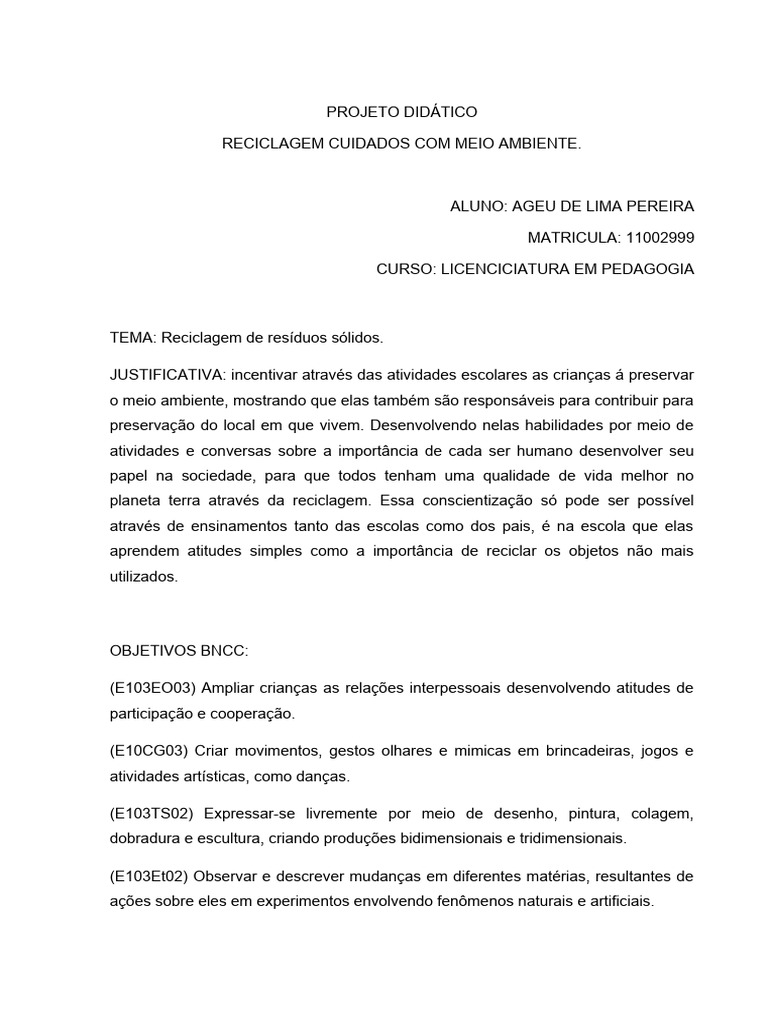 Projeto de Reciclagem na Educação Infantil | PDF | Reciclagem | Desperdício