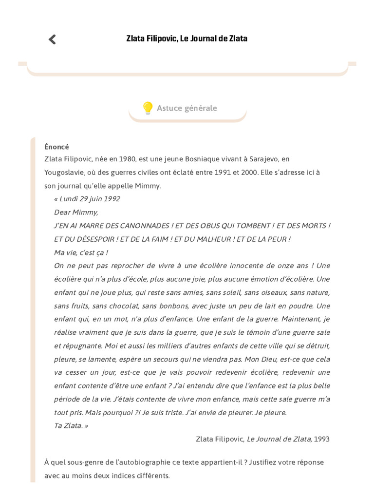 Extrait du Journal de Zlata Filipovic | PDF | Art | Poésie