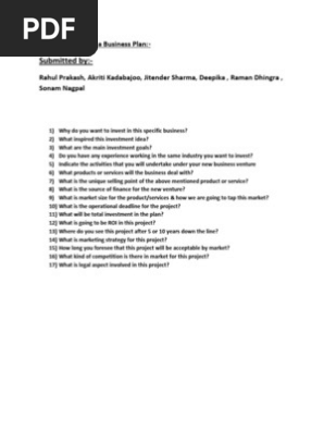Questionnaire for a Business Plan