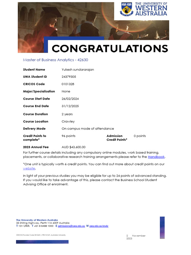 UWA International Offer Contract - 24379305 | PDF | Cost Of Living | Fee