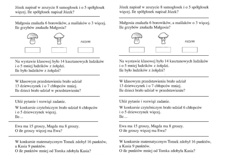 Działania Tekstowe Kl 2 Sprawdzian Drukuj Zadania Tekstowe Do 20 | PDF
