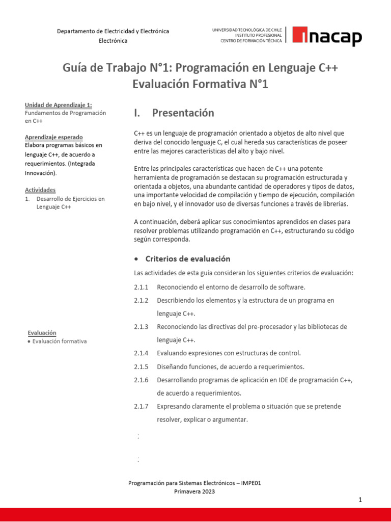 Guía N°1 Programacion Lenguaje C++ | PDF | Programación de computadoras ...