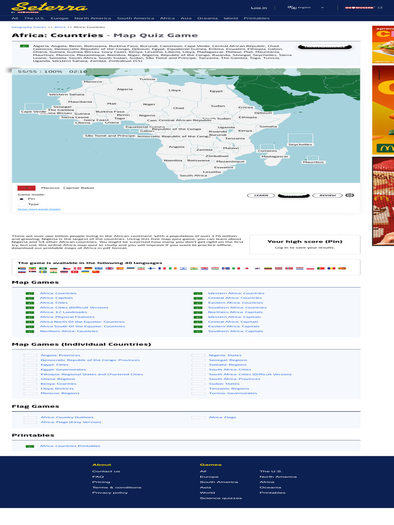 Africa Countries Map Quiz Game Seterra PDF Africa Geography