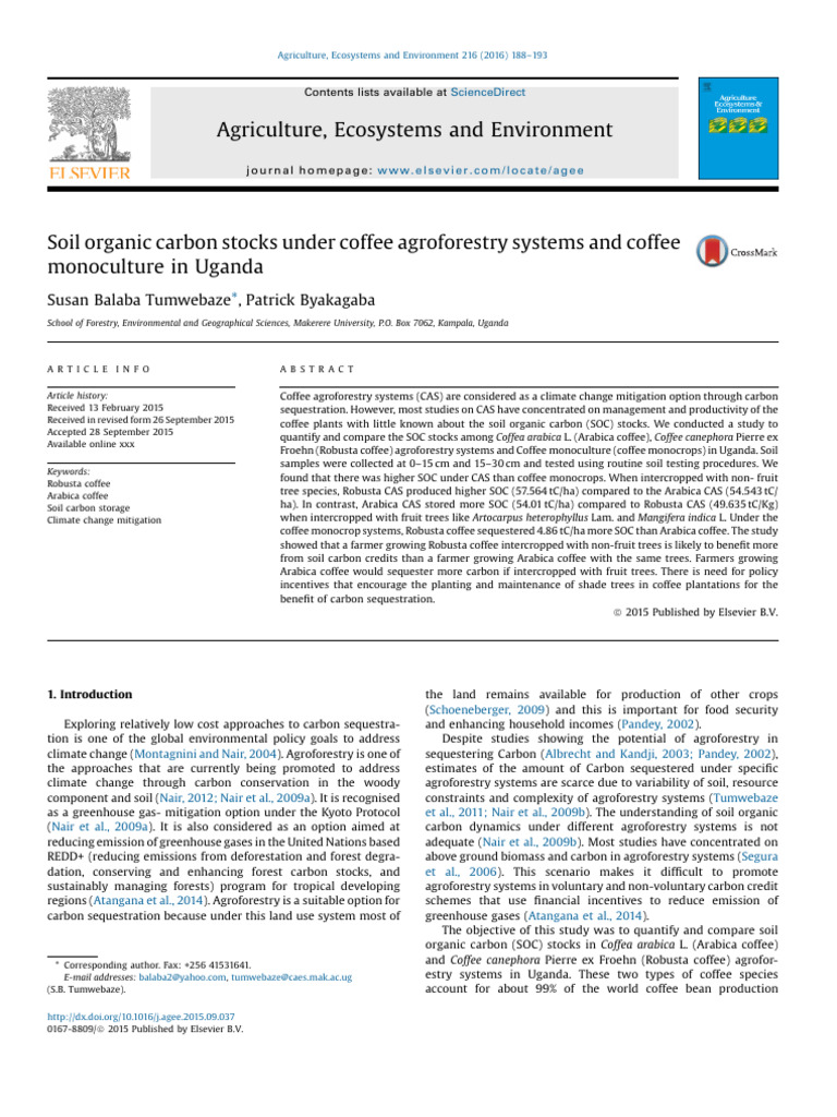 Soil Organic Carbon Stocks Under Coffee Agroforestry Systems A | PDF ...