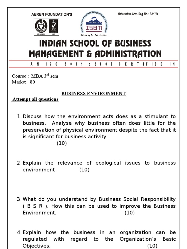 Business Environment Question Paper Cognition Psychology