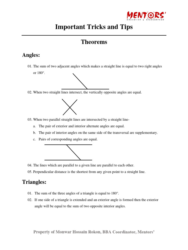 Handout On Theorems | PDF | Triangle | Circle