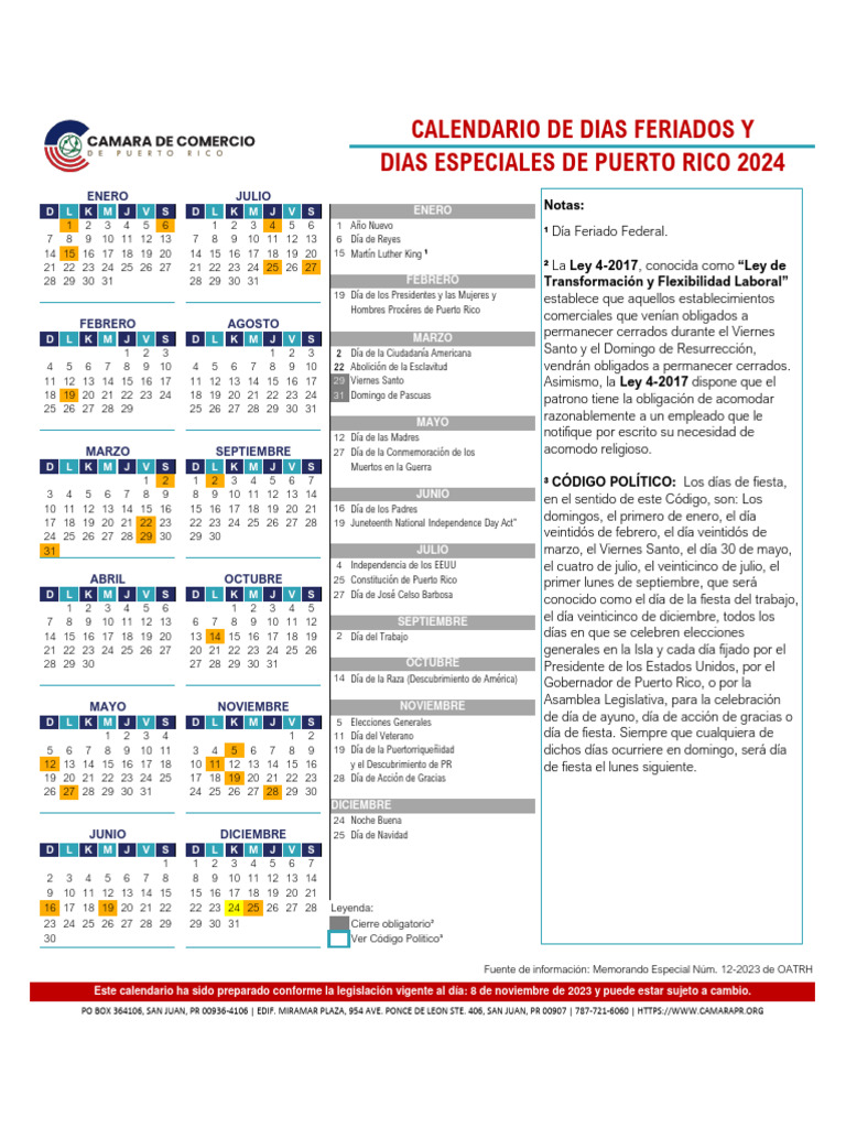 Dias Feriados 2024 PDF Puerto Rico Calendario