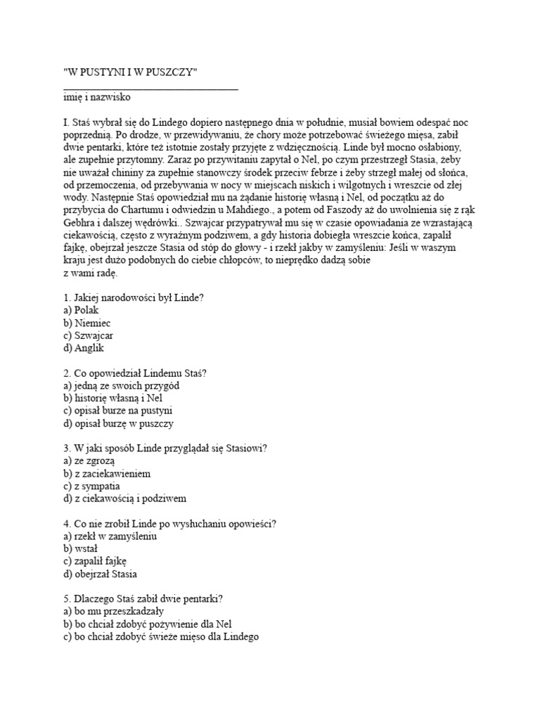 W Pustyni I W Puszczy Test | PDF