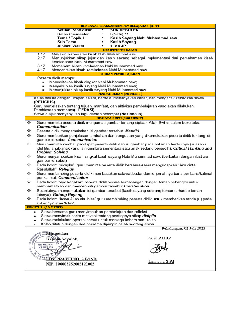 RPP Kasih Sayang Nabi Muhammad SDN Kebulen | PDF