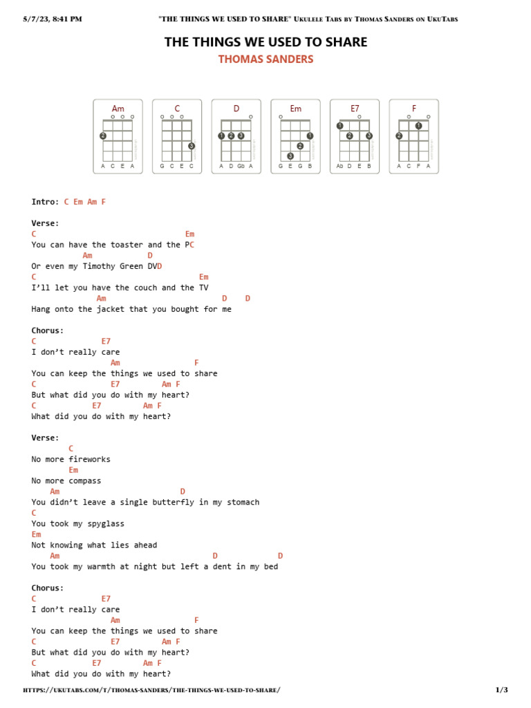 THE THINGS WE USED To SHARE Ukulele Tabs by Thomas Sanders On UkuTabs