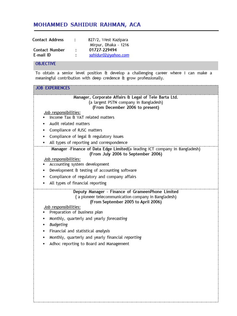 Fresher Chartered Accountant Resume PDF Accounting Accountant