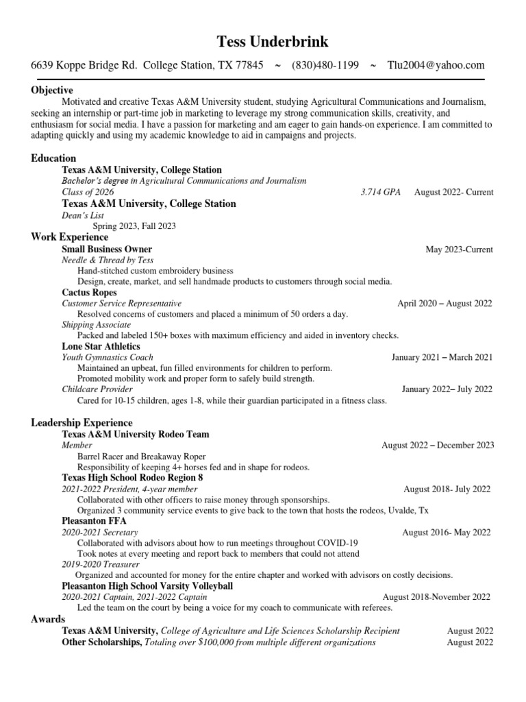 Texas A&M Marketing Intern Resume | PDF | Career & Growth | Social Science