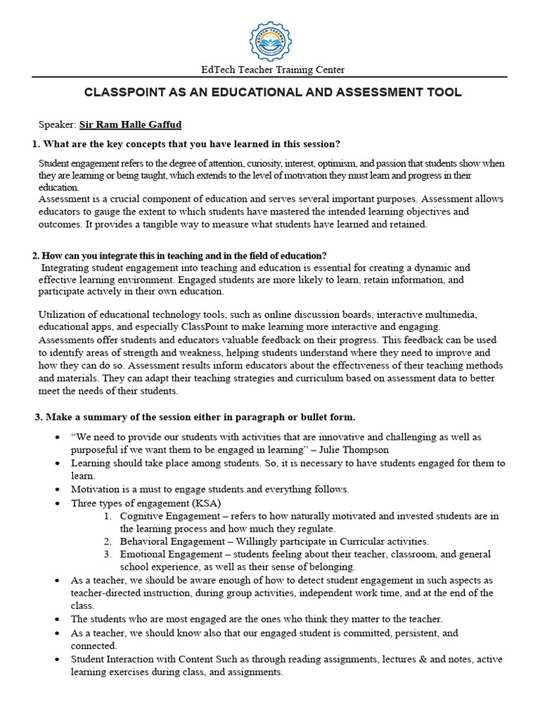 Classpoint as an educational and assessment tool pdf educational