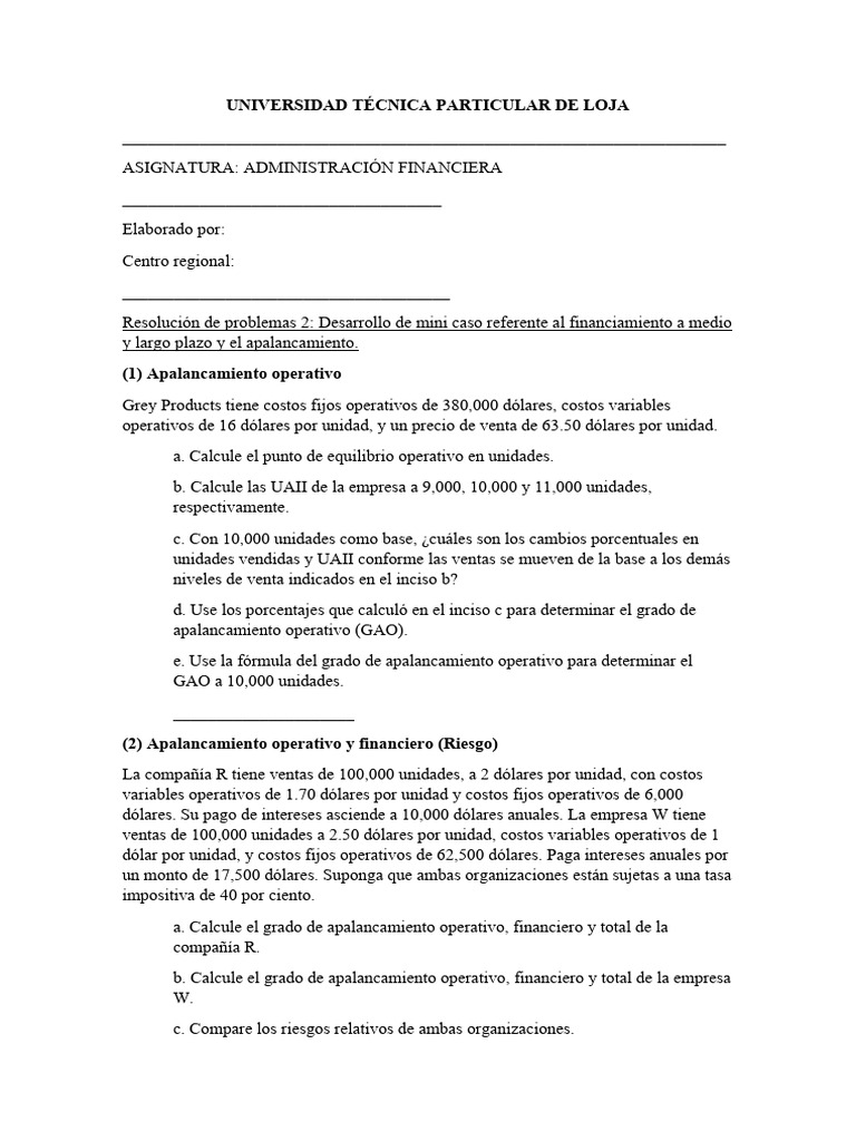 Administración Financiera - Tarea 2 - 2B | PDF | Apalancamiento ...