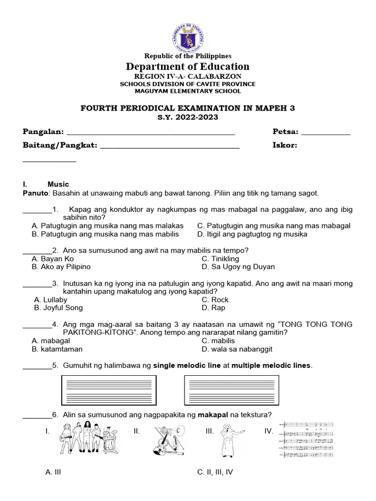 4th Periodical Test In Mapeh Sy 2022 2023 Pdf