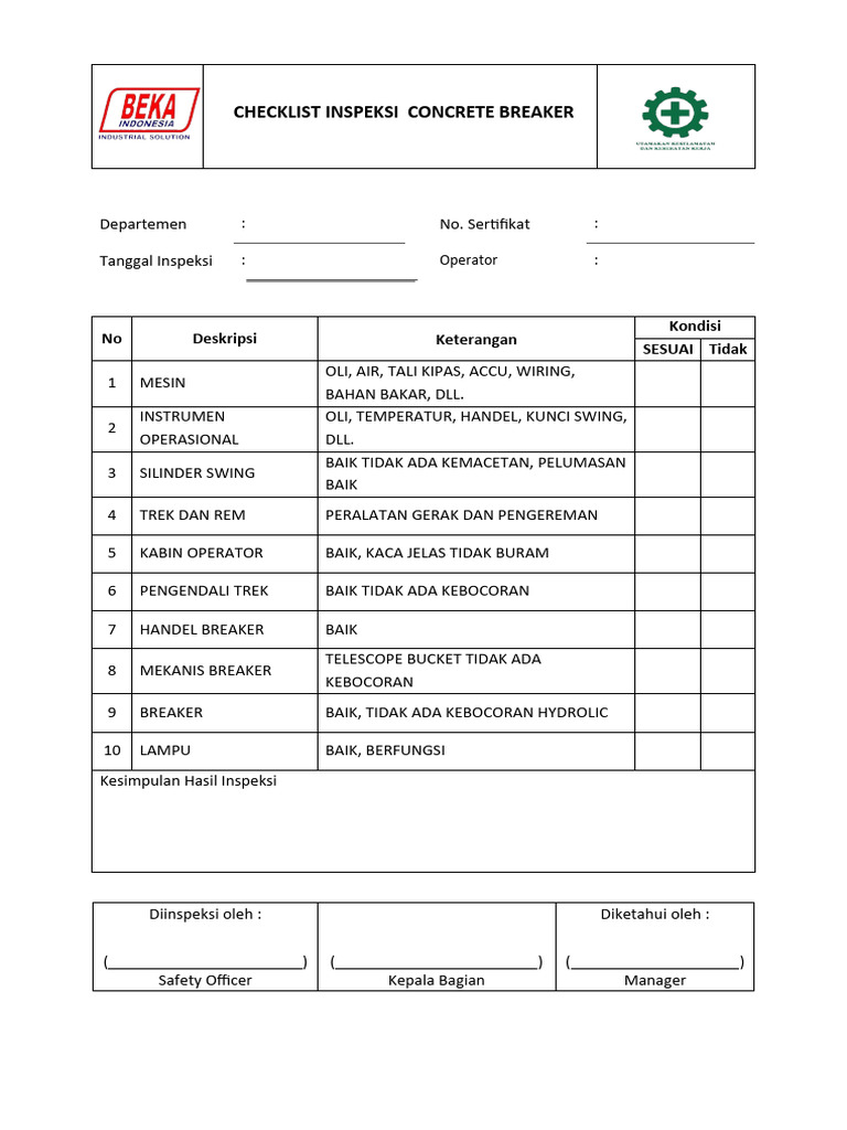 FORM CHECK LIST INSPEKSI CONCRETE BREAKER PDF