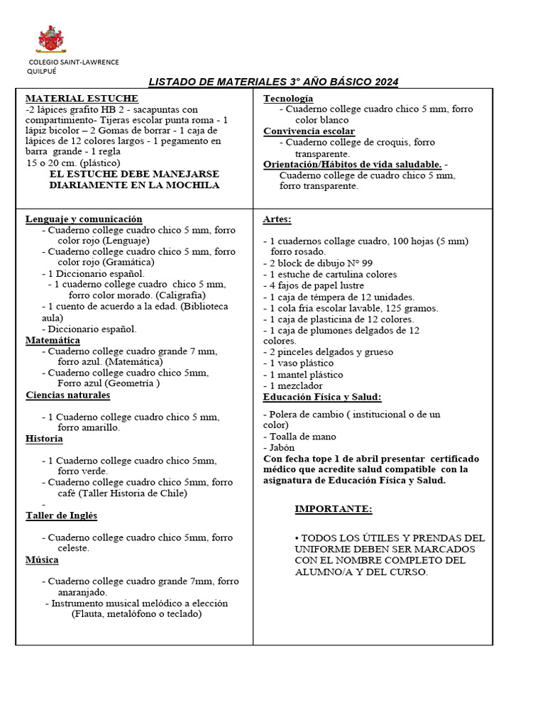 3B Lista de Materiales 2024 | PDF | Lápiz