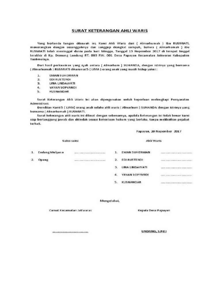 Contoh Surat Keterangan Ahli Waris Pdf