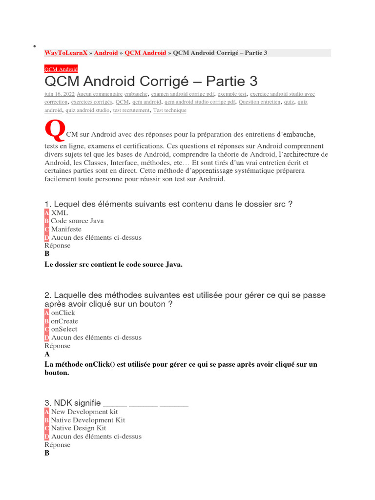 QCM Android Corrigé - Partie 3 | PDF | Android (Système d'exploitation ...
