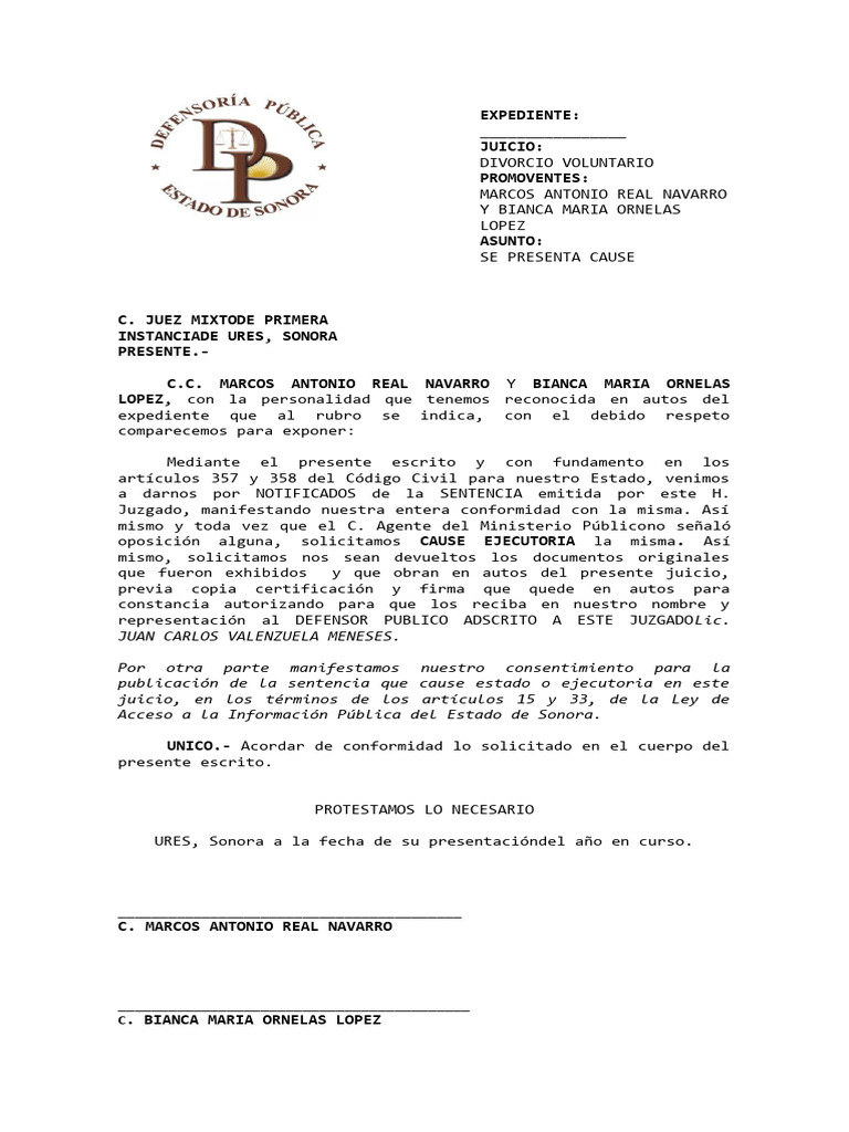 Cause Ejecutoria Divorcio Machote Ures | PDF