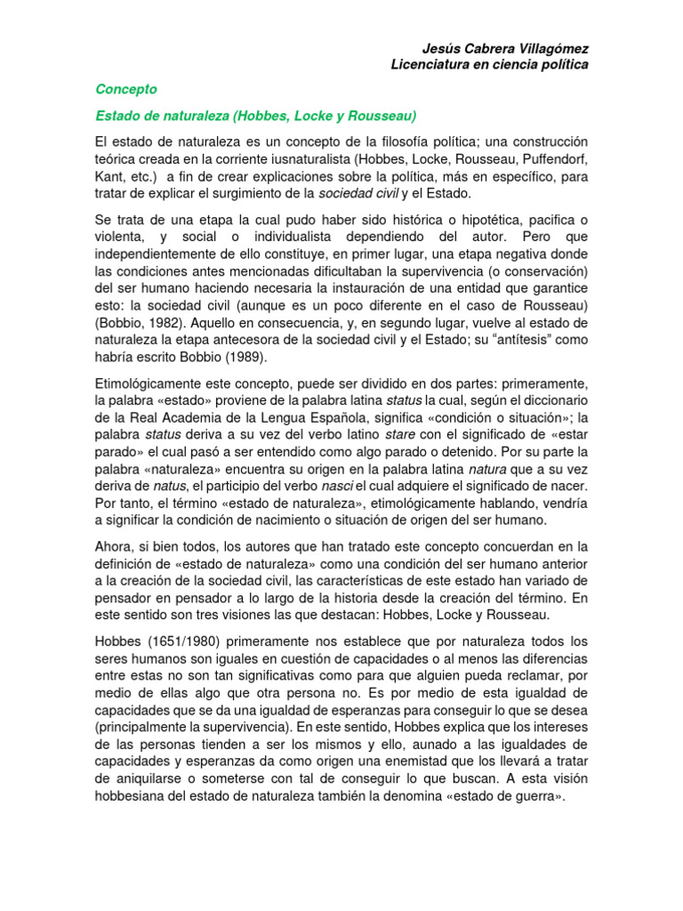 Estado de Naturaleza (Hobbes, Locke y Rousseau) | PDF | Jean-Jacques ...