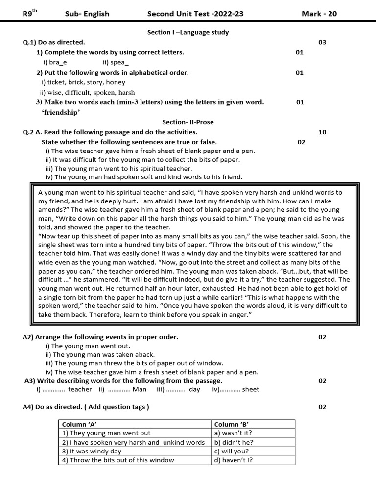 Class 9 English 2nd Unit Test 2022-23 | PDF