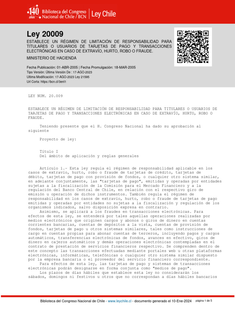 Ley 20009 - 01 Abr 2005 | PDF | Bancos | Cibercrimen