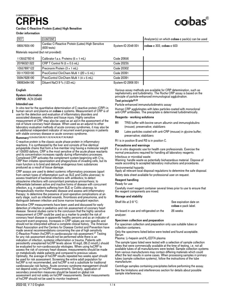 Roche CRP Test Kit Overview | PDF | C Reactive Protein | Detection Limit