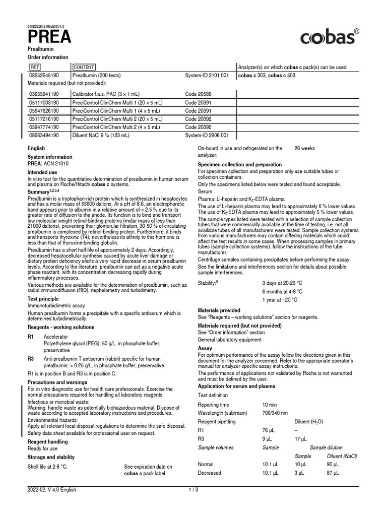 Prealbumin Testing on Cobas Systems | PDF | Detection Limit | Chemistry