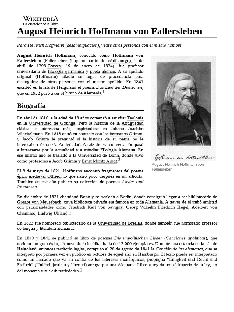 August Heinrich Hoffmann Von Fallersleben PDF August Heinrich
