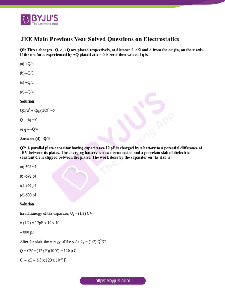 JEE Main Previous Year Solved Questions On Electrostatics PDF PDF