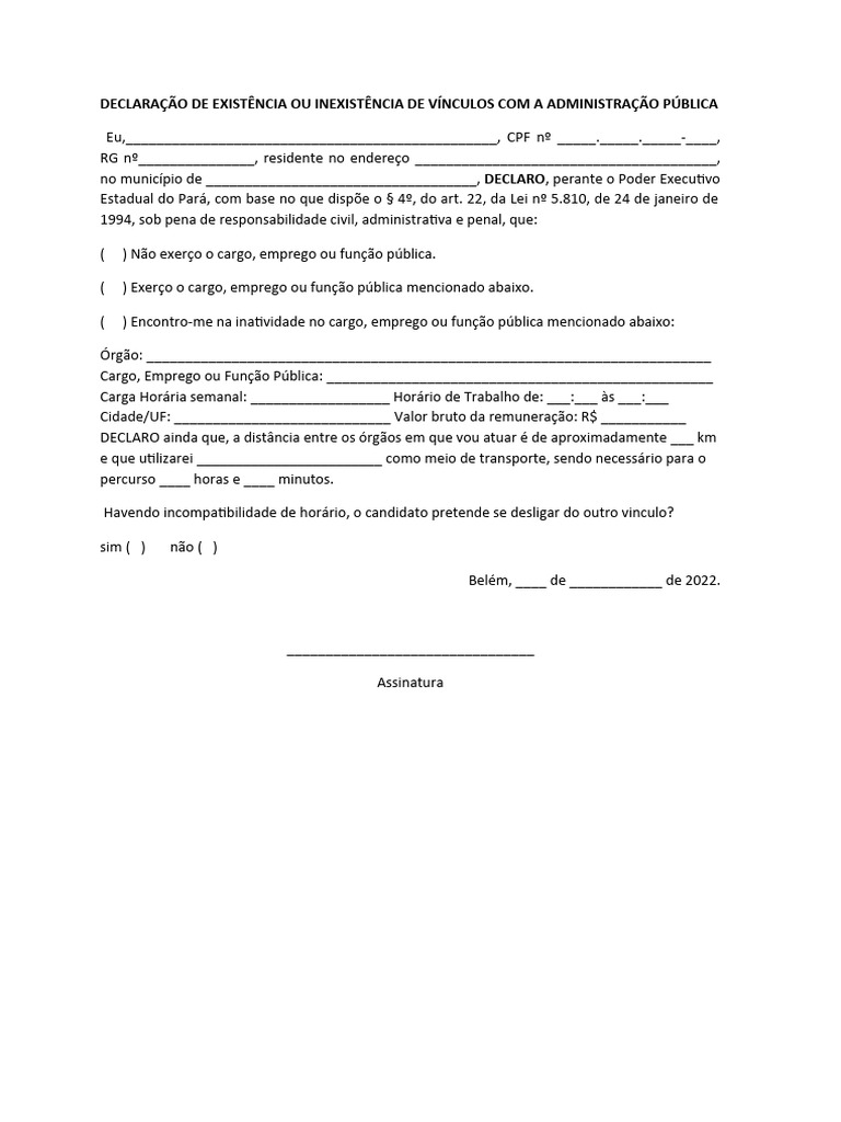 DECLARAÇÃO DE EXISTÊNCIA OU INEXISTÊNCIA DE VÍNCULOS COM A ...