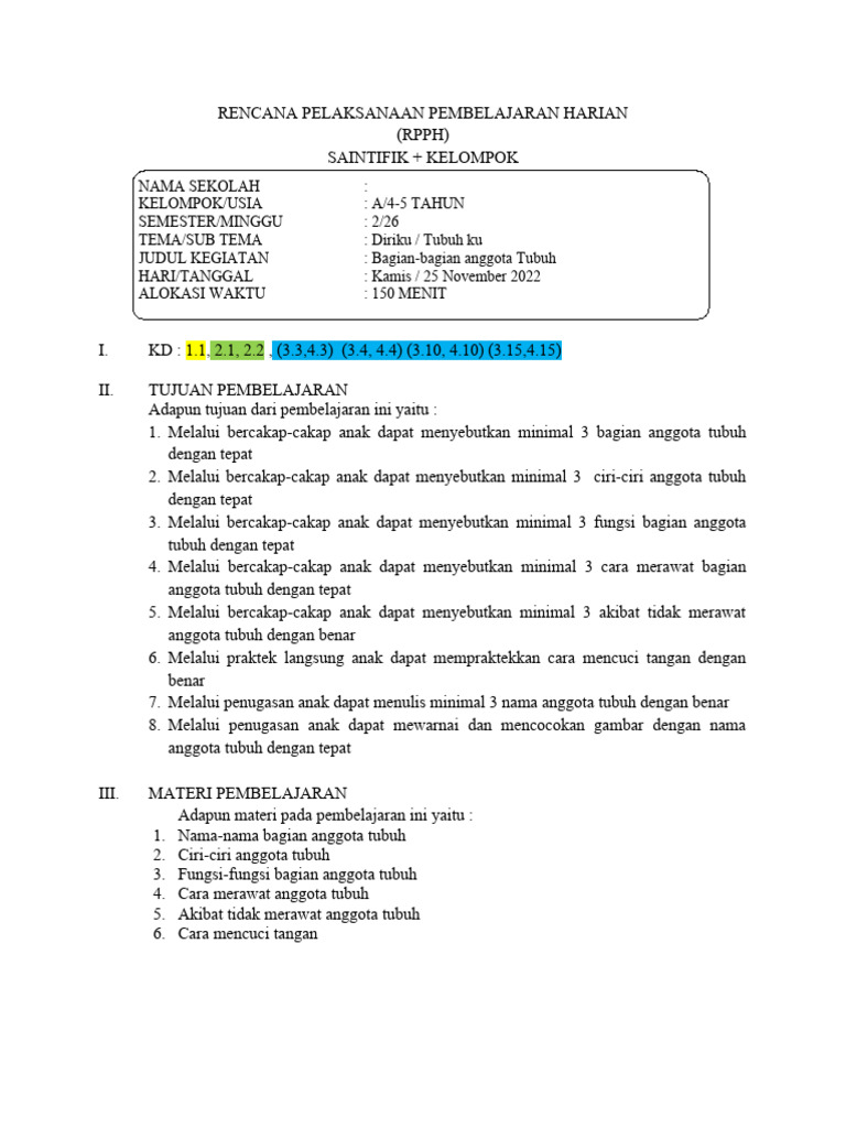 RPPH Pembelajaran Anggota Tubuh Anak | PDF
