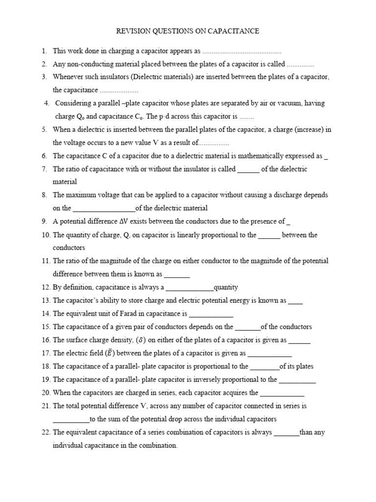 Revision Questions On Capacitance Pdf Capacitance Capacitor