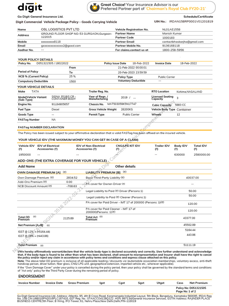 Digit Commercial Vehicle Insurance Policy | PDF | Insurance | Vehicles