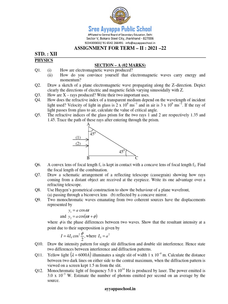XII Physics Term II Assignment 2021-22 | PDF | Diffraction | Wavelength