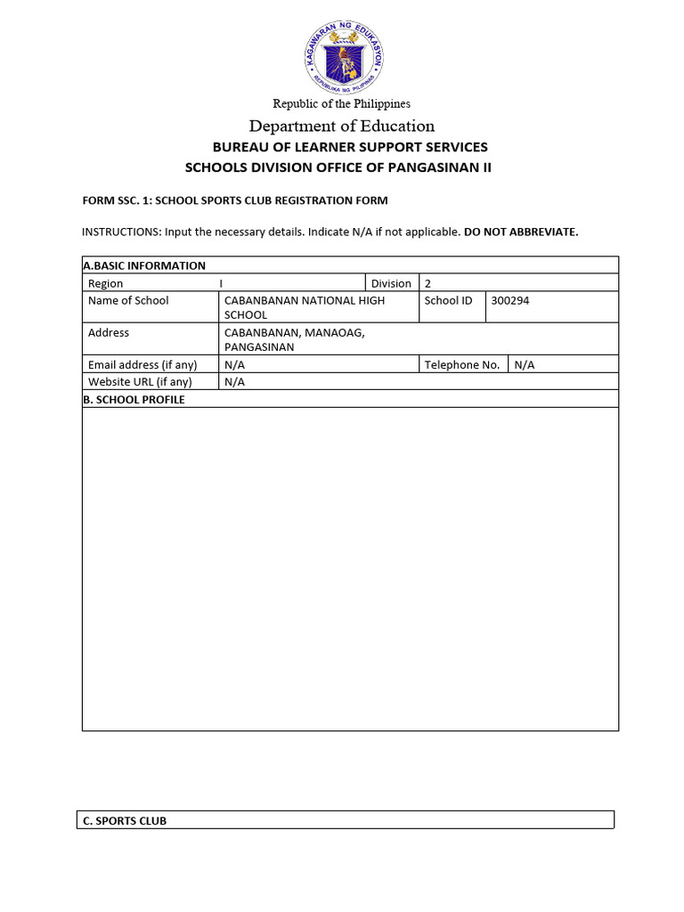 School Sports Club Registration Form | PDF | Sports