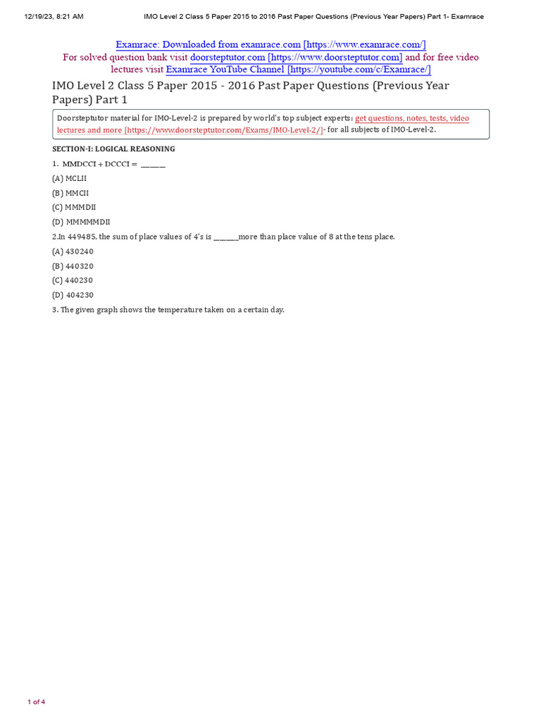 Class 5 IMO Level 2 Past Paper 2015-16 | PDF
